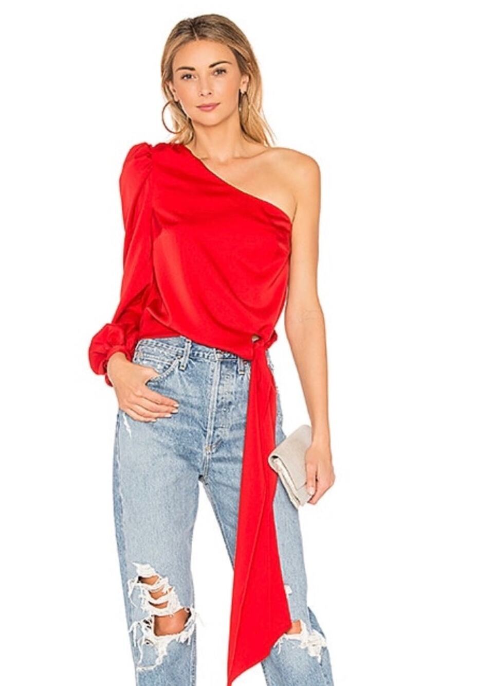 Lovers and Friends Satin Kendall Off Shoulder Blouse Red Elegant Holiday Sz M